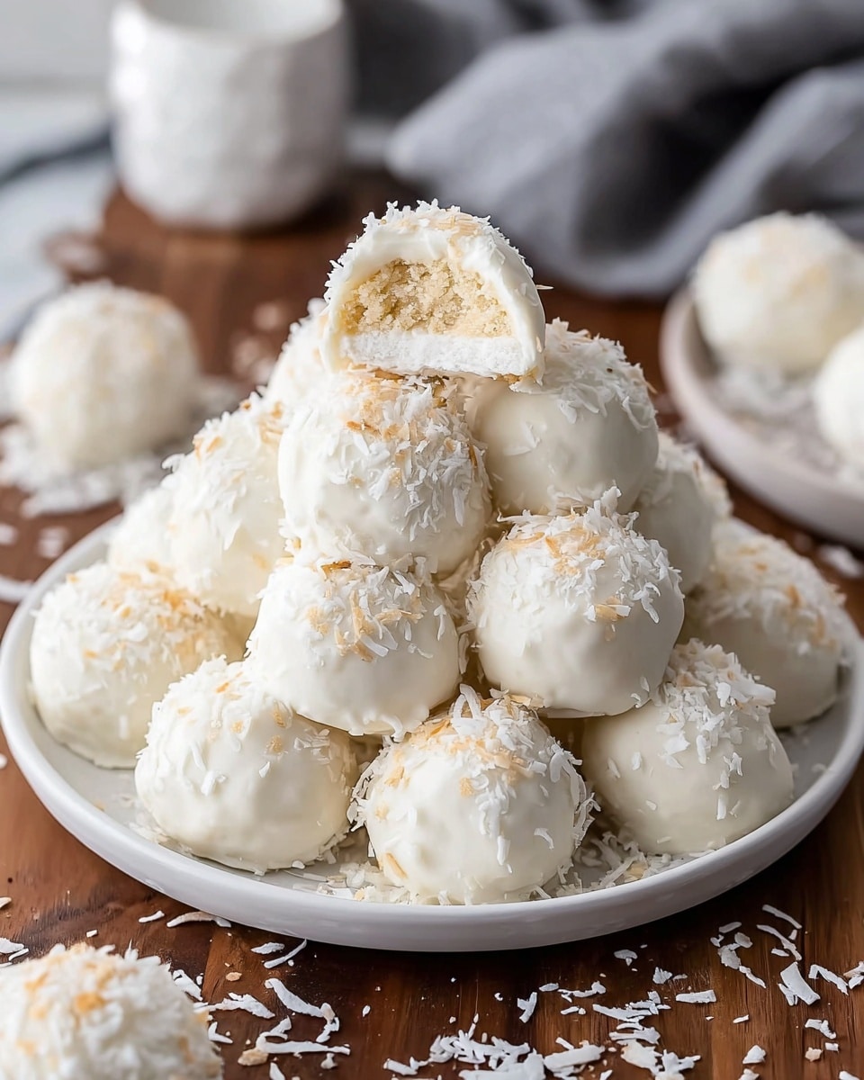 A white plate is filled with a pile of round white balls covered in a smooth white coating and sprinkled with light tan and white shredded coconut on top. One of the balls is bitten into and placed on top of the pile, showing three layers: a white creamy outer shell, a fluffy white middle layer, and a thin light brown crumbly base. The plate is placed on a wooden surface with scattered coconut shreds around it, and the background contains blurred white objects and a gray cloth, all on a white marbled texture. photo taken with an iphone --ar 4:5 --v 7