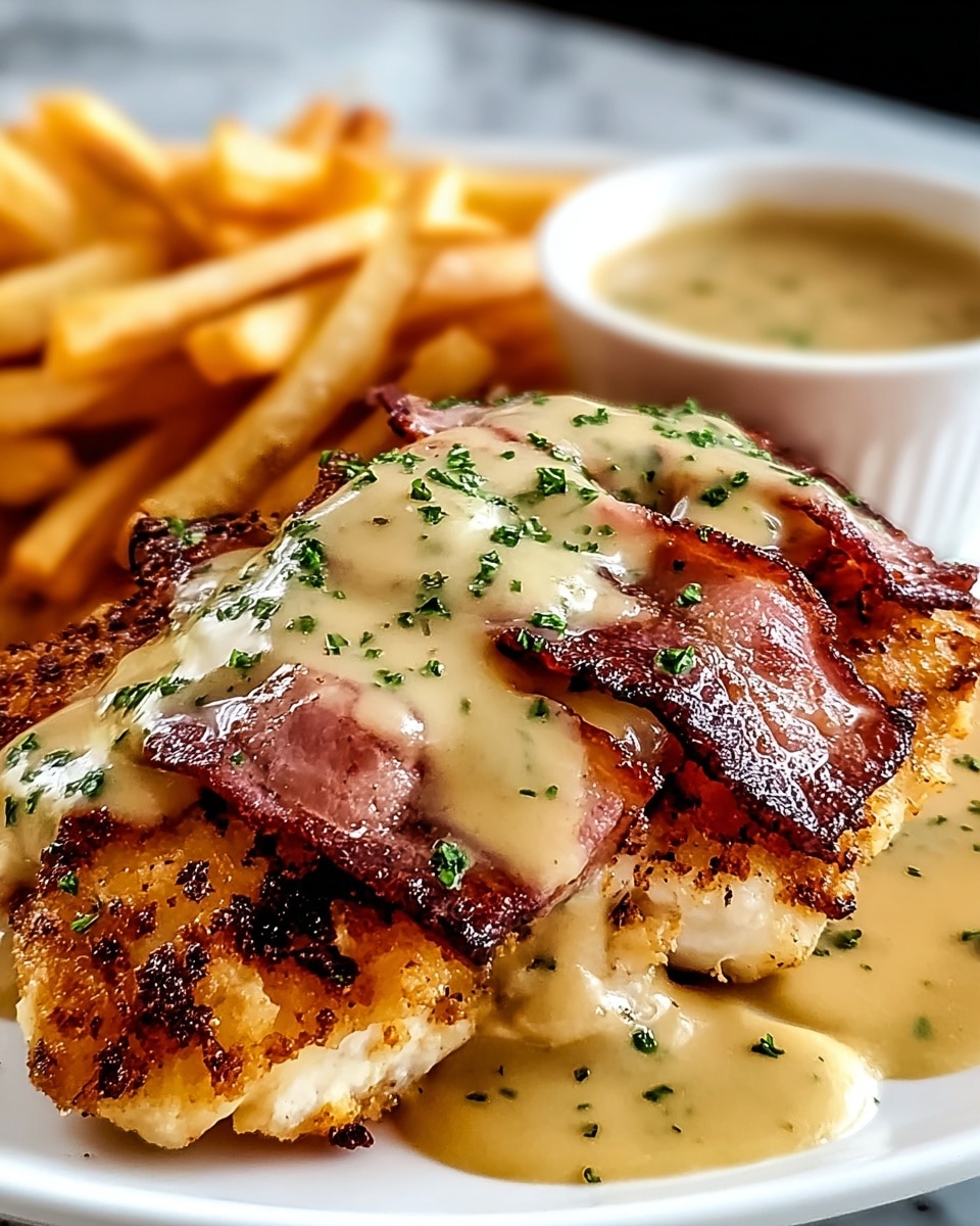 On a white plate, there is a crispy golden-brown chicken breast with grilled dark edges, topped with several thick pieces of browned bacon. Over the chicken and bacon, a creamy beige gravy with a smooth texture covers them, sprinkled with small green herb bits. In the background, a pile of light golden French fries is slightly blurred, sitting on the same white marbled surface. A small white bowl with more gravy is also visible behind the chicken. photo taken with an iphone --ar 4:5 --v 7