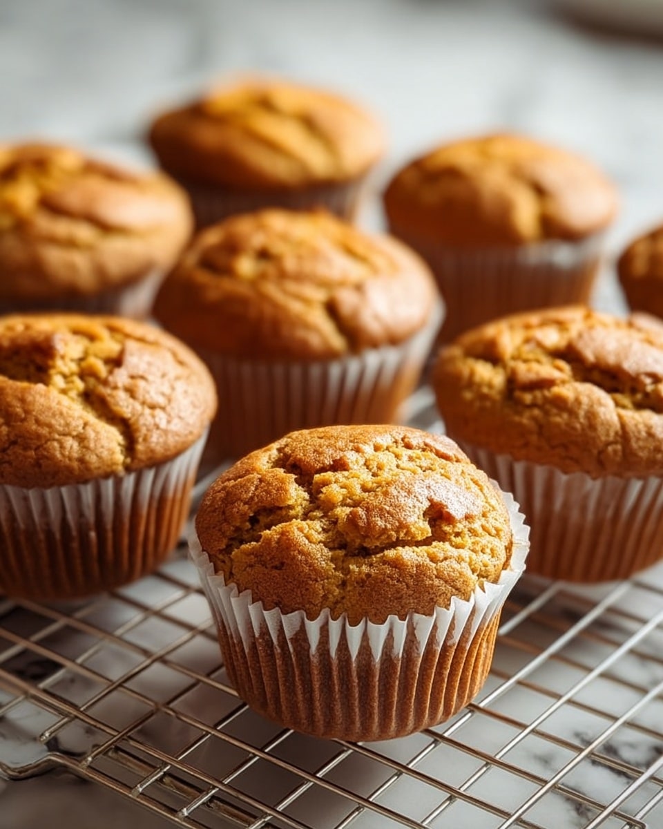 A group of golden brown muffins with cracked tops sits on a silver wire cooling rack, each muffin wrapped in a white paper liner. The muffin tops are textured with uneven, slightly shiny surfaces showing a mix of darker and lighter golden shades. The muffins are closely spaced, filling the frame with a few in sharp focus near the center and others softly blurred in the background. The scene is set on a white marbled surface that softly reflects light in the background. photo taken with an iphone --ar 4:5 --v 7