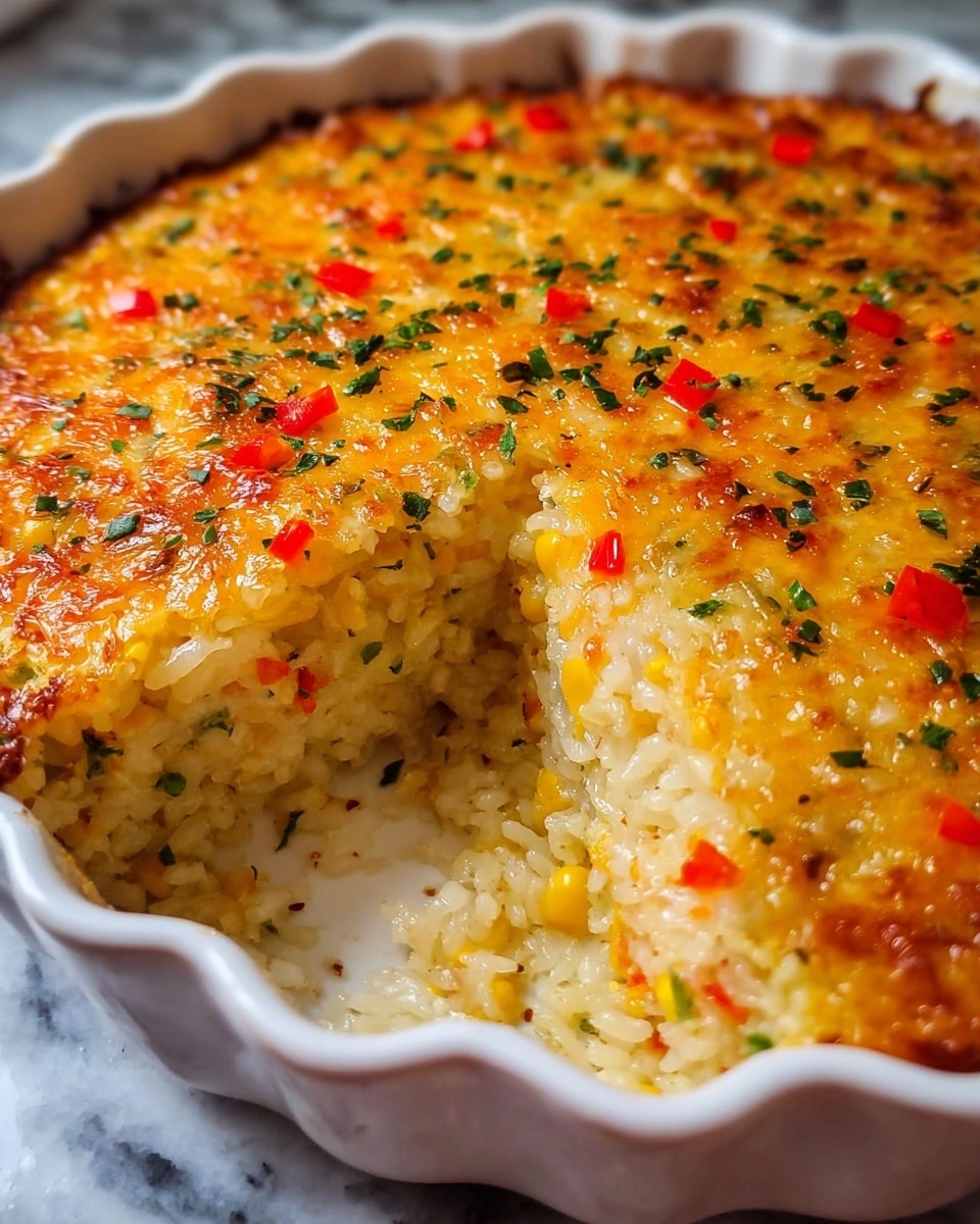 This image shows a round baked rice casserole in a white fluted dish, with a missing slice on the front side revealing its inside. The dish has about two layers of visible texture; the top layer is golden melted cheese with small green herb flakes and scattered small red pepper pieces, baked to a slightly crispy finish. The bottom layer is moist white rice mixed with yellow corn, red pepper bits, and fine green herbs, making a soft and creamy look. The white marbled surface under the dish is partially visible around the edge. photo taken with an iphone --ar 4:5 --v 7