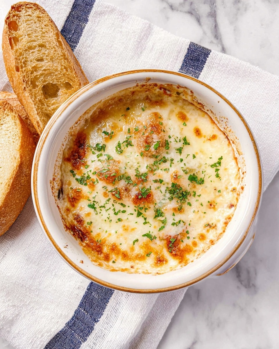 A round white bowl with a light brown rim holds a creamy, bubbling baked dish topped with melted cheese that is golden-brown in some spots and sprinkled with small green herb pieces. The cheese layer covers the dish evenly with a slightly crispy edge near the bowl’s side. Two pieces of crusty golden-brown bread rest nearby, and a white towel with dark blue stripes is partially visible under the bowl on a white marbled surface. photo taken with an iphone --ar 4:5 --v 7