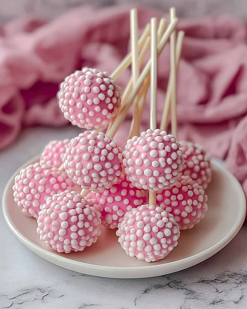A pile of pink cake pops sits on a white plate, each cake pop covered in small white round sprinkles that create a bumpy texture all over the pink surface. The cake pops, about three layers thick with the pink base and white decorations, are attached to light beige sticks that extend upward, creating a fan-like arrangement towards the back. The setting includes a white marbled surface beneath the plate and a blurred soft pink cloth in the background, adding to the gentle color theme. photo taken with an iphone --ar 4:5 --v 7