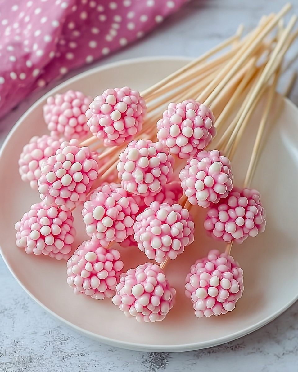 A white plate filled with multiple pink marshmallow clusters on light wood skewers, each cluster made of small, round, white puffed balls tightly packed in a soft pink coating, creating a bumpy texture. The skewers fan out from the top right side of the plate, with some clusters resting directly on the plate. The background shows a white marbled texture with a glimpse of a pink cloth with white dots in the top left corner. Photo taken with an iphone --ar 4:5 --v 7