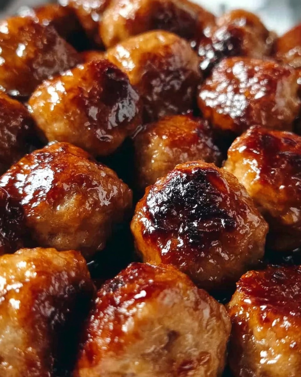 Close-up of many small, round meatballs with a shiny, dark brown glaze on top, showing some charred spots and a juicy, slightly textured surface. The meatballs are packed tightly together, highlighting their golden-brown color beneath the glaze and the glossy finish that catches the light. The background is a white marbled texture. photo taken with an iphone --ar 4:5 --v 7