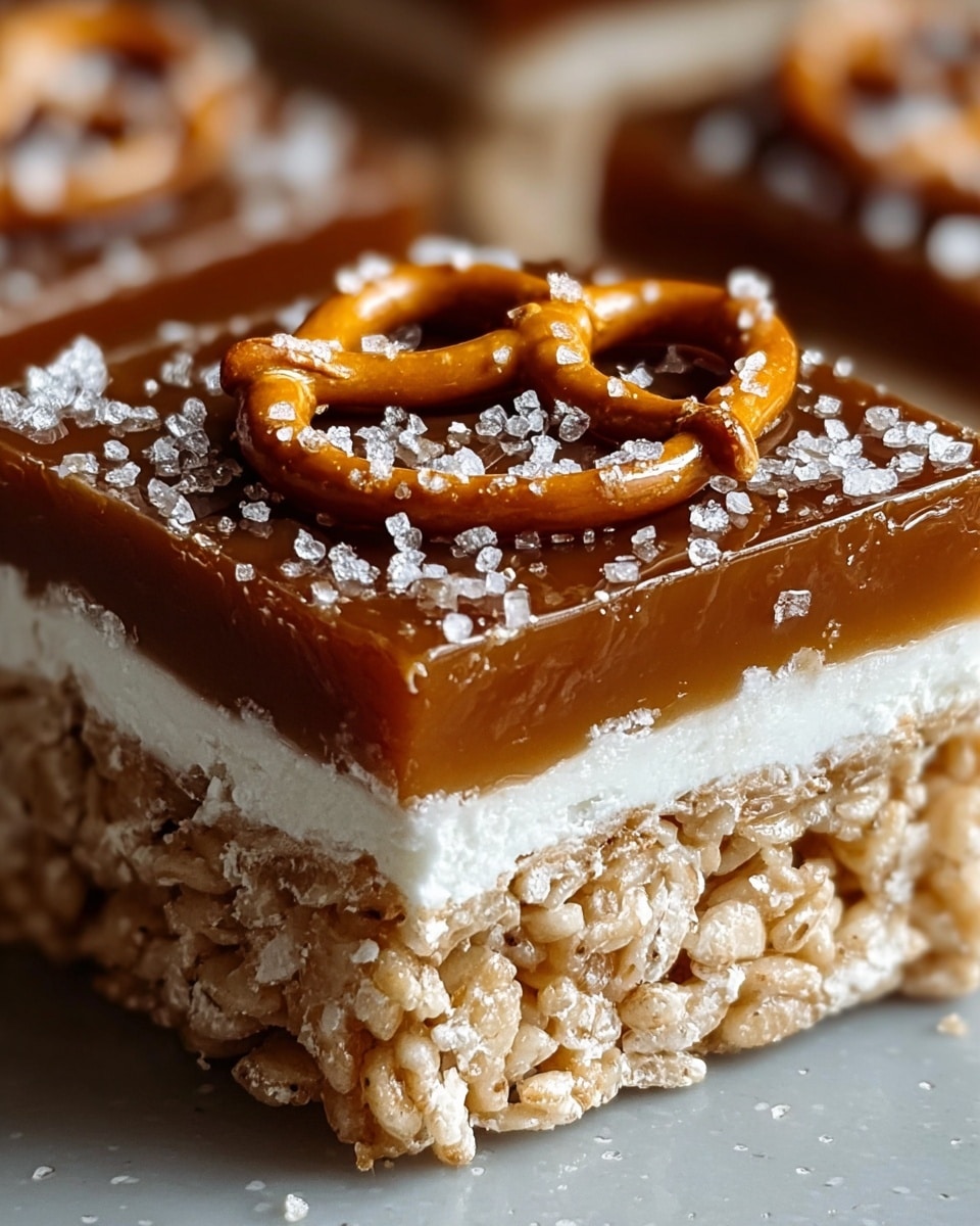 A close-up of a square dessert bar with four visible layers: the bottom and third layers are crunchy light brown crispy rice cereal, the second layer is smooth dark caramel, the fourth layer is glossy caramel with a shiny texture covering the crispy layer. In the middle of the dessert is a thin white cream layer. On top, there is a small pretzel covered with coarse white salt crystals scattered over the caramel and the white marbled surface beneath. The dessert looks rich and glossy. photo taken with an iphone --ar 4:5 --v 7