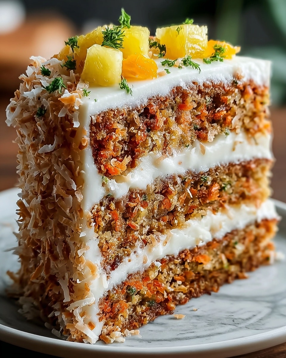 A close-up view of a three-layer carrot cake slice on a white plate, set on a white marbled texture. The carrot cake layers are moist and textured with visible bits of carrot and nuts in an orange-brown color. Between each cake layer is a thick layer of smooth white cream cheese frosting. The cake is coated on the outside with toasted shredded coconut, adding a light brown color and crunchy texture. On top, small chunks of bright yellow pineapple and green herbs are placed as decoration. Photo taken with an iphone --ar 4:5 --v 7