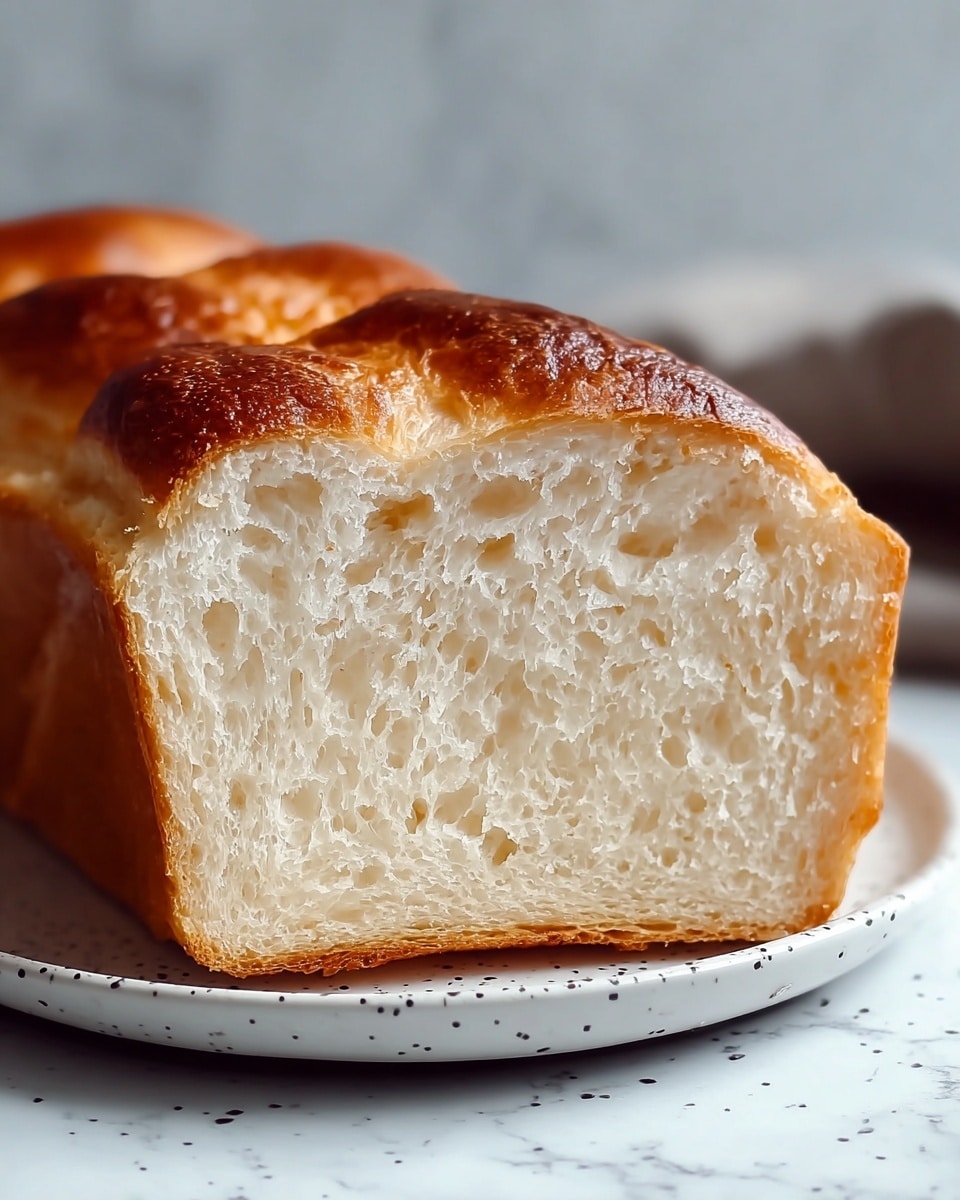 A close-up view of a single sliced piece of bread showing three raised golden-brown domes on the top crust, which looks shiny and slightly crispy, while the inside shows a soft, white, and airy texture with light holes spread evenly through the slice. The bottom crust is a darker brown, well-baked, and firm, holding the bread’s shape. The bread slice rests on a white plate with small black speckles, placed on a white marbled surface, creating a clean and simple background. Photo taken with an iphone --ar 4:5 --v 7