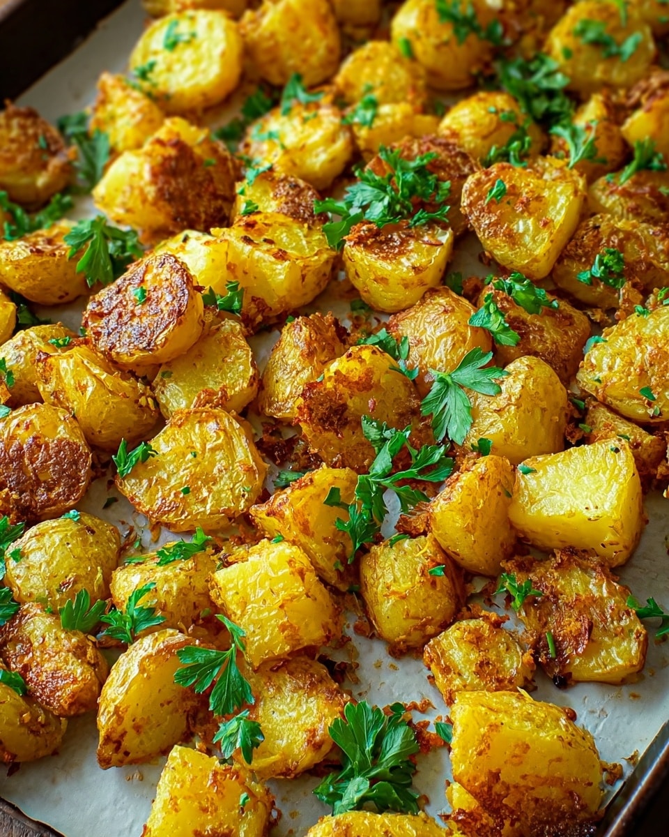 A close-up view of a single layer of golden roasted potato pieces on a baking tray, showing crispy, browned edges mixed with soft, textured yellow centers. Scattered fresh green parsley leaves add pops of color on top. The scene is set against a white marbled texture surface. photo taken with an iphone --ar 4:5 --v 7