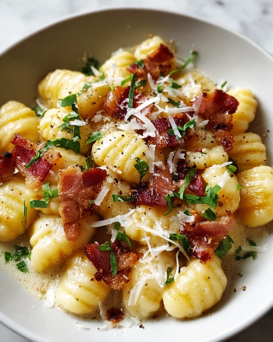 This image shows a close-up of a bowl of gnocchi on a white plate placed on a white marbled surface. The gnocchi are soft and creamy yellow, with a subtle shine from a light sauce covering them. Crispy browned bacon pieces are scattered on top and between the gnocchi, adding a rich reddish-brown color and a crunchy texture. Fresh green herbs are sprinkled over the dish, offering small bursts of color and freshness. Thin shavings of white cheese are melting over the gnocchi and bacon, blending into the sauce while also adding texture. The plating is simple but rich, with layers of creamy gnocchi, crunchy bacon, green herbs, and grated cheese all mixed together seamlessly. photo taken with an iphone --ar 4:5 --v 7