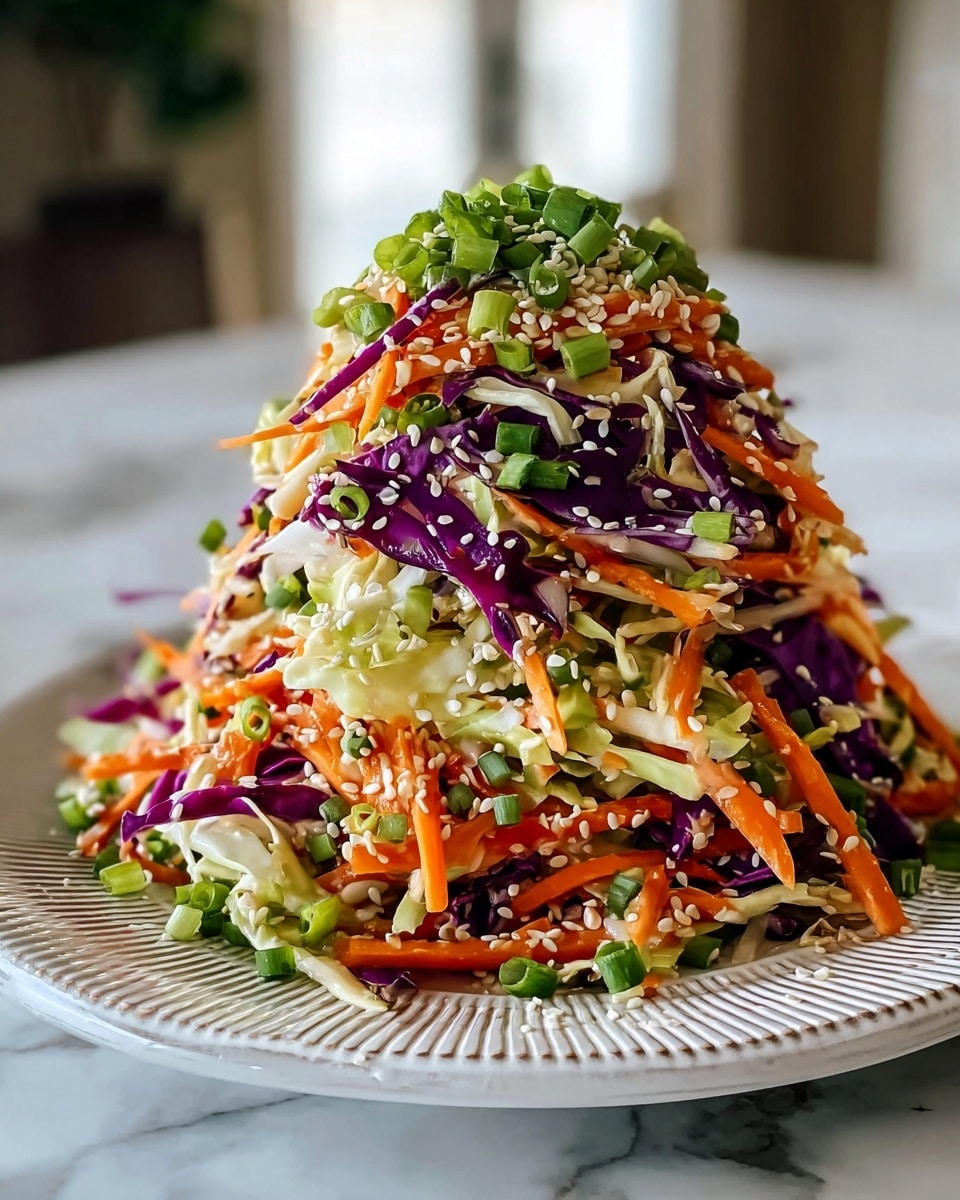A tall pile of colorful salad sits on a white plate with a textured rim, placed on a white marbled surface. The salad has three main layers: the bottom layer has light green cabbage strips, the middle layer shows bright orange carrot sticks mixed with purple cabbage slices, and the top layer has finely chopped green onions sprinkled over everything. The entire salad is covered with small white sesame seeds, adding texture and contrast. The background is softly blurred, making the fresh, vibrant colors of the salad stand out. photo taken with an iphone --ar 4:5 --v 7