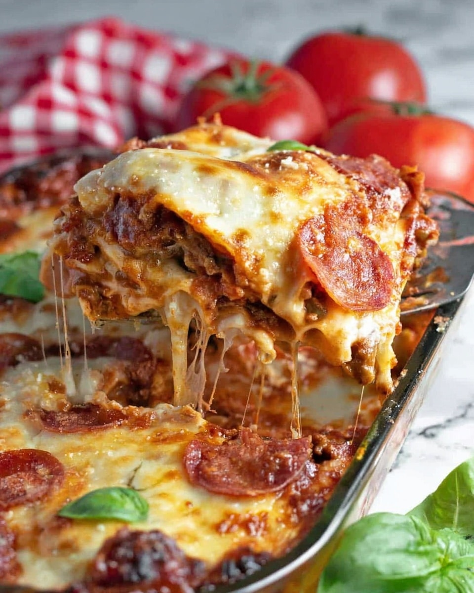 A close-up of a baked lasagna in a clear glass baking dish shows three visible layers: the bottom layer is a deep red tomato sauce, the middle layer is a mix of brown cooked ground meat and sauce, and the top layer is thick, melted golden brown cheese with some crispy edges. The lasagna sits on a white marbled surface with fresh green basil leaves in the foreground and a few red tomatoes in the background. The edges of the cheese are browned nicely, giving a textured, bubbly look. Photo taken with an iphone --ar 4:5 --v 7