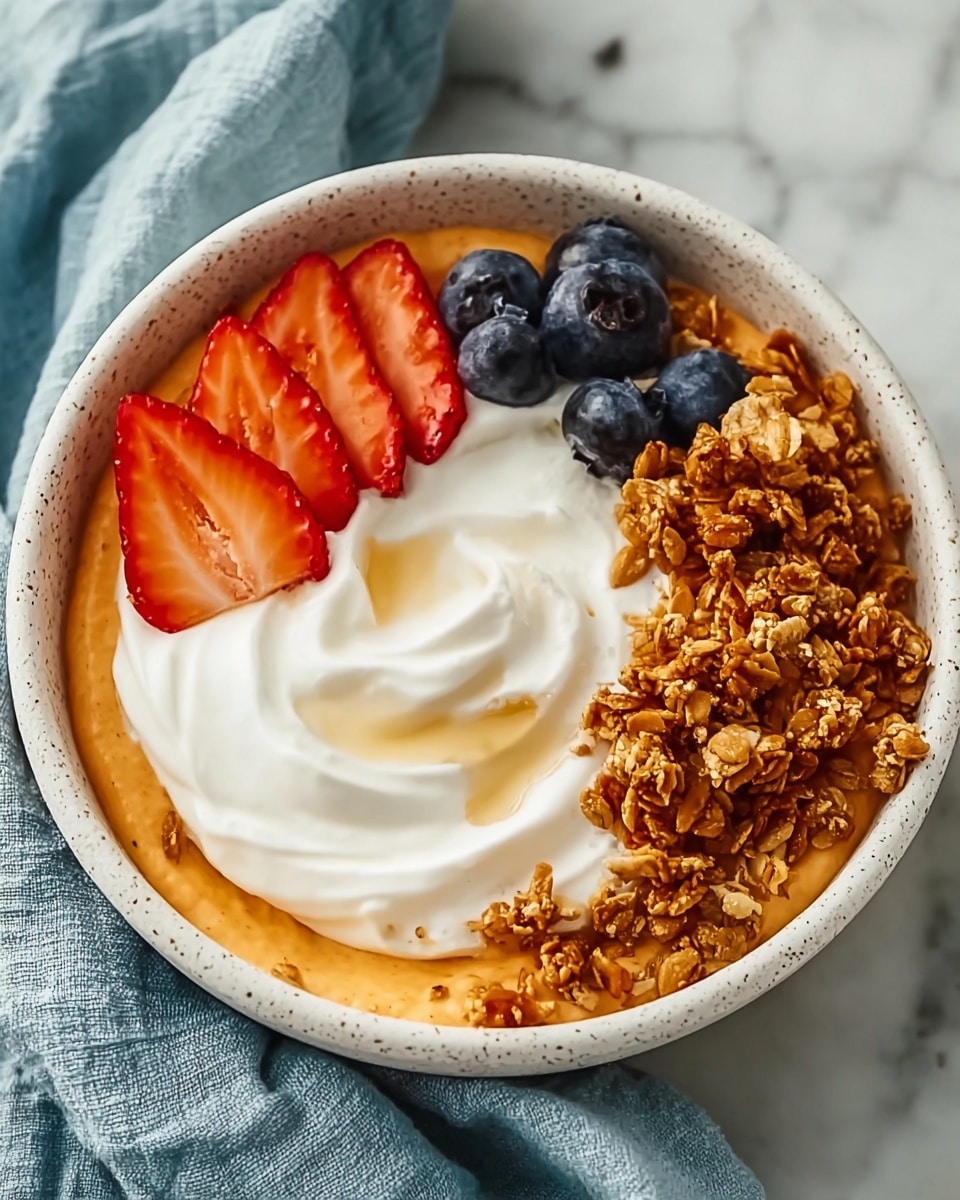 A white speckled bowl holds a layered dish starting with a smooth, thick orange base spread evenly across the bottom. On top, a generous swirl of creamy white yogurt takes up nearly half the bowl's surface, with a drizzle of honey adding a glossy touch. Fresh toppings line one side: three bright red strawberry slices arranged in a curved line, two plump deep blue blueberries nestled among clusters of golden brown crunchy granola that scatter slightly over the yogurt and orange base. The bowl sits on a white marbled surface partly covered by a soft light blue cloth. photo taken with an iphone --ar 4:5 --v 7