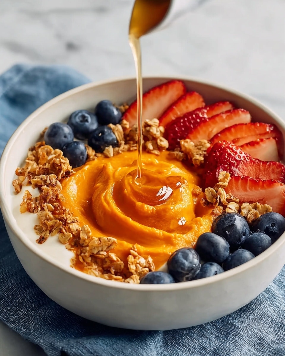 A white bowl filled with four main layers is set on a white marbled texture with a blue cloth under it. The bottom layer is creamy white yogurt, covering the whole bowl. On top of this, there is a thick, bright orange pumpkin puree placed in the center in a swirl shape. Around the puree, there are fresh blueberries and sliced strawberries arranged neatly, showing their deep blue and red colors. Scattered on the puree and fruits are crunchy granola clusters in a light brown color. Honey is being poured over the bowl from above, adding a golden, shiny drizzle over the pumpkin puree and granola. Photo taken with an iphone --ar 4:5 --v 7