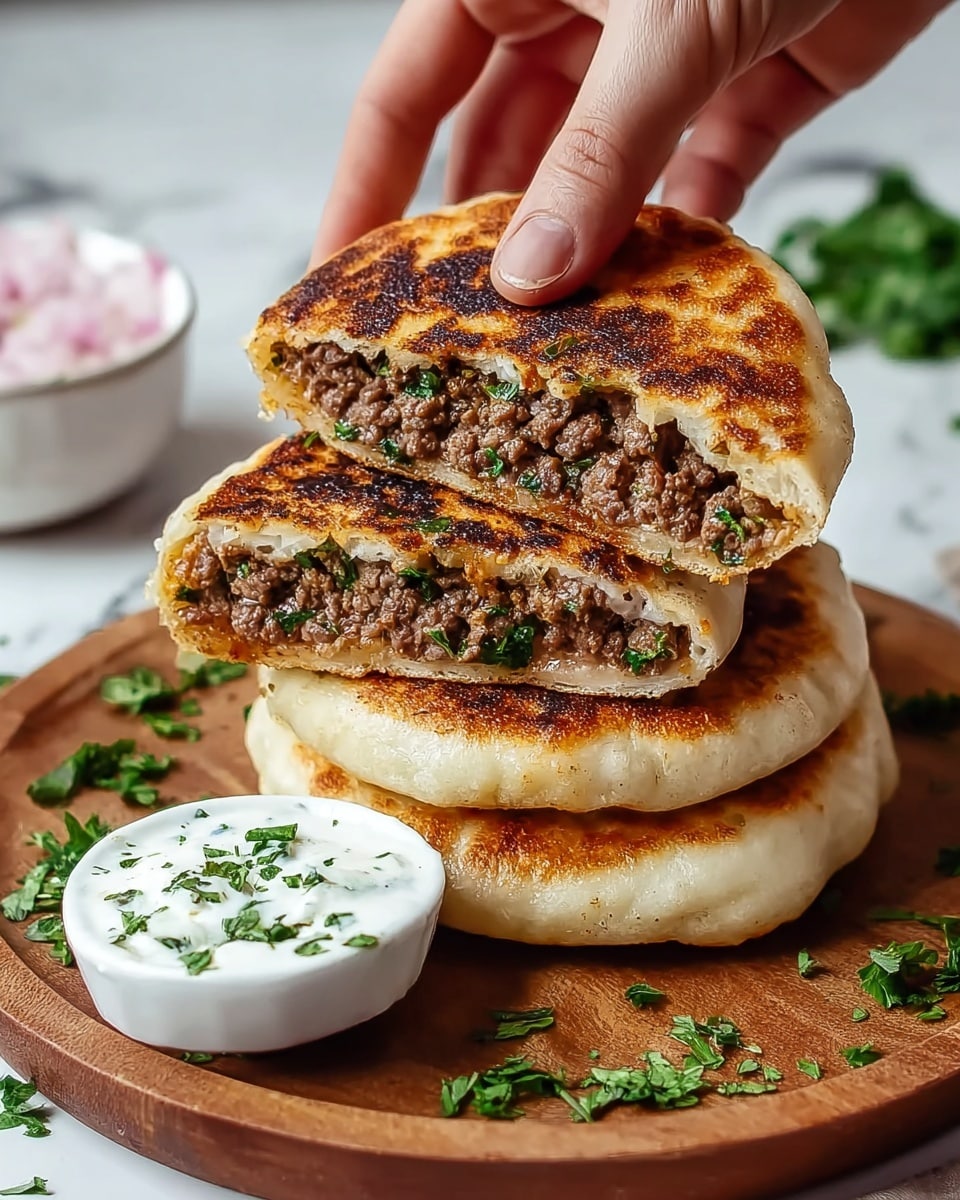 A close-up of three thick stuffed flatbreads stacked on a wooden round board, each filled with a finely ground beef mixture mixed with green herbs. The flatbreads have a golden-brown crispy top layer with a slightly charred texture and a soft, light beige inner dough layer inside holding the meat tightly. A small white bowl filled with white sauce topped with green herbs sits on the board beside the flatbreads. A woman's hand is holding the top flatbread piece, lifting it slightly. The background shows a white marbled texture with a blurred white bowl containing a pink item. Scattered fresh green herbs are on the wooden board and marbled surface. photo taken with an iphone --ar 4:5 --v 7