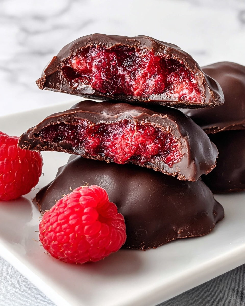 The image shows a close-up of small round treats stacked on a white plate with a white marbled surface underneath. Each treat has two visible layers: a smooth, dark brown chocolate coating on the outside with slight ripples, and a bright red, textured raspberry filling inside. The chocolate layer is thick and slightly glossy, while the raspberry filling looks soft and bumpy with visible seeds. One treat is cut in half, placed on top of the others, revealing the clear two-layer contrast. Fresh raspberries are placed near the stack, adding a vibrant red color to the scene. Photo taken with an iphone --ar 4:5 --v 7