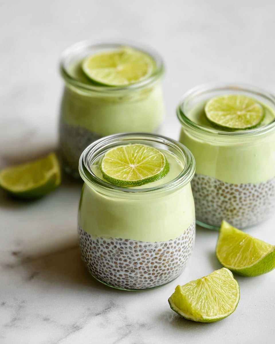 The image shows three small clear glass jars filled with a two-layer dessert on a white marbled surface. The bottom layer is made of tiny, translucent chia seeds soaked in a light grayish liquid, giving a speckled texture. On top of this is a smooth, pale green creamy layer. Each jar is topped with a thin slice of green lime and a small twist of lime peel placed in the center. Around the jars, there are a few bright green lime wedges scattered on the white marbled surface. photo taken with an iphone --ar 4:5 --v 7