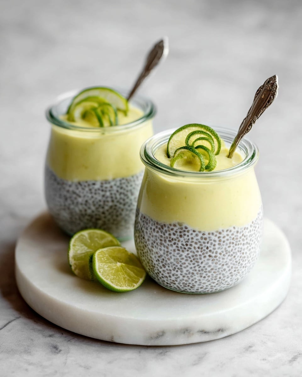 Two clear glass jars sit on a round white marble plate, each filled with two layers: the bottom layer is a white chia pudding with small black seeds giving it a speckled texture, and the top layer is a smooth, pale yellow cream. Each jar is topped with a thin, round slice of lime garnished with a small spiral of lime peel. Small silver spoons rest inside the jars, leaning against the rims, and two lime wedges sit on the marble plate beside the jars. The setting is on a white marbled surface. photo taken with an iphone --ar 4:5 --v 7