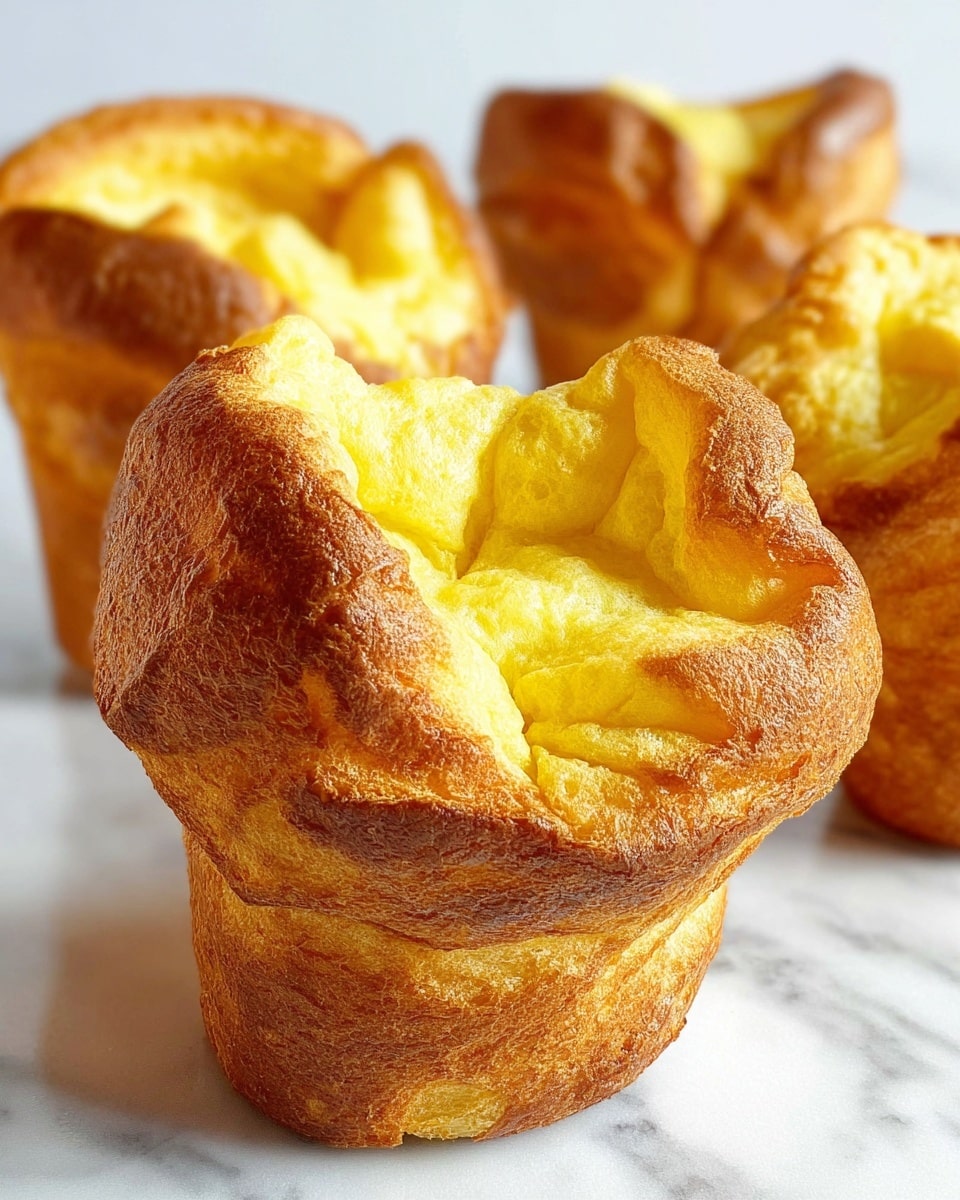 The image shows three golden-brown popovers placed on a white marbled surface. Each popover has two main layers: a darker, firm, cup-shaped base with a rough texture and a lighter, very puffy, soft top layer that is bright yellow with a smooth, slightly shiny surface. The tops are irregular and airy, slightly folded and rising high above the base, giving a tall, sculptural look. In the background, two more popovers are visible but out of focus. photo taken with an iphone --ar 4:5 --v 7