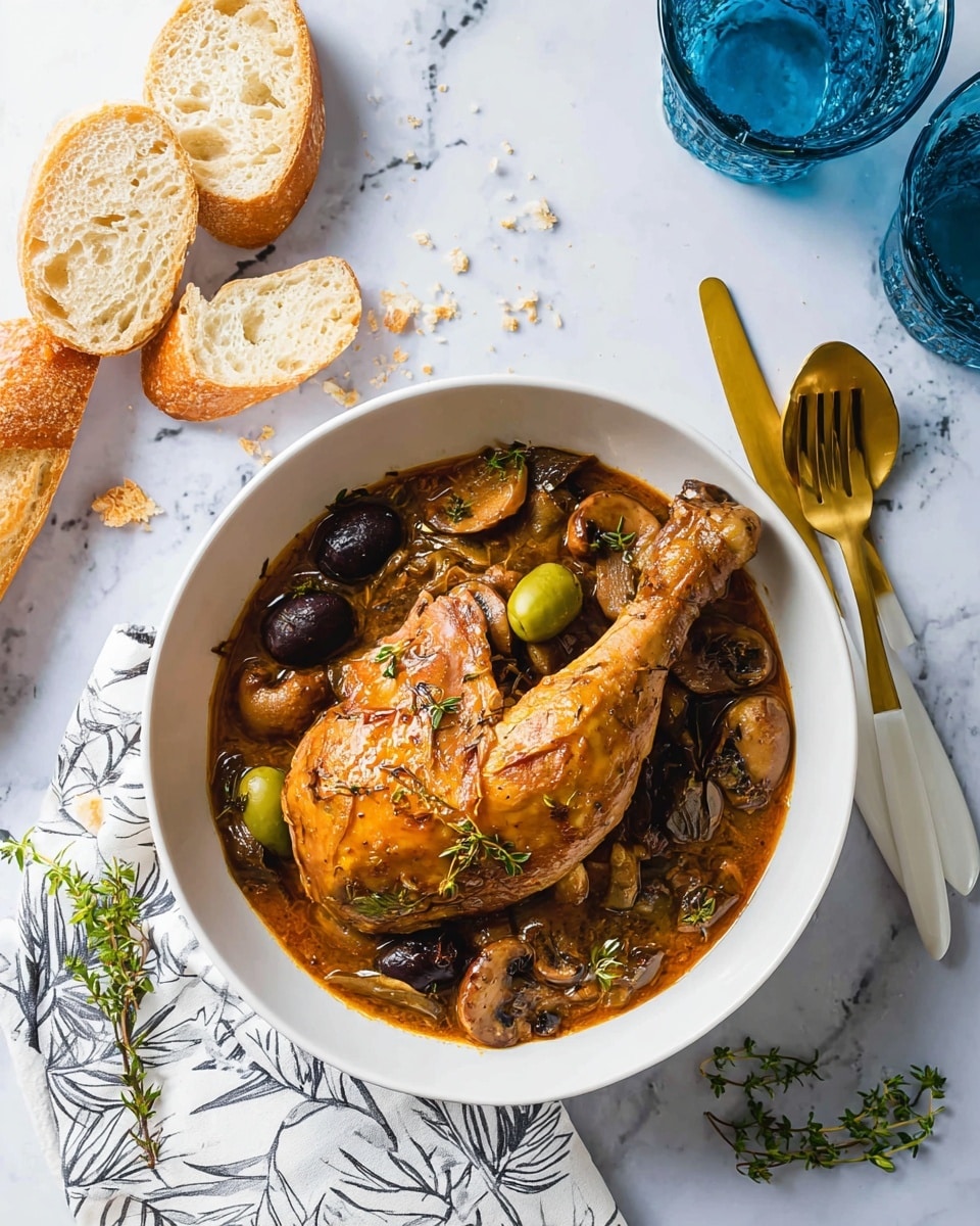 A white bowl holds a cooked chicken leg atop a rich brown sauce with visible herbs, black and green olives, and small mushrooms, with bay leaves scattered in the sauce. The bowl sits on a white cloth with a dark simple leaf pattern on a white marbled surface. To the left, pieces of sliced seeded baguette are scattered, with some crumbs around them. At the top, two blue-tinted water glasses add color, and to the right, a gold knife and fork with white handles rest parallel. Small green herb sprigs lie on the surface near the bottom right. photo taken with an iphone --ar 4:5 --v 7