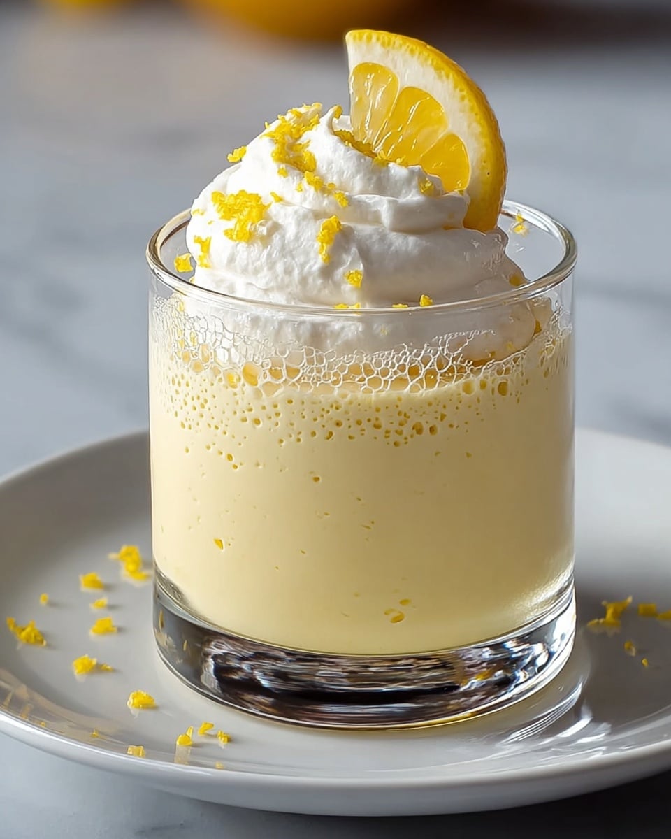 A clear glass cup sits on a white plate, filled with two layers of dessert; the bottom layer is smooth, creamy pale yellow lemon mousse with small specks of lemon zest visible, topped by a thick layer of soft white whipped cream. On the whipped cream sits a small dollop with a bright yellow lemon wedge placed upright, and scattered lemon zest sprinkles decorate the cream and the rim of the glass. Tiny bubbles cling to the inside of the glass, adding texture, against a white marbled surface background. Photo taken with an iphone --ar 4:5 --v 7