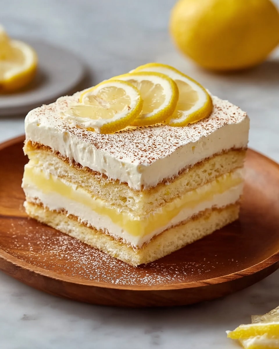 A square slice of layered lemon dessert sits on a round wooden plate, placed on a white marbled texture. The dessert has four visible layers of light yellow cake and creamy white filling, with one thin layer of bright yellow lemon curd between the middle layers. The top layer is a smooth, creamy white frosting dusted with light brown powder, and three thin lemon slices rest on top. Photo taken with an iphone --ar 4:5 --v 7