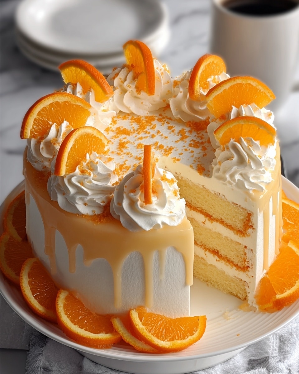 A two-layer round cake with smooth white frosting covers the entire cake, topped with a light orange glaze dripping down the sides. Each cake layer is light yellow with a thin layer of orange filling in between. Whipped cream swirls are placed evenly around the top edge, each holding a fresh orange slice standing upright. More orange slices, cut in half, are arranged gently on the white plate around the cake. Some small orange crumbs are sprinkled on top of the frosting. The plate is on a white marbled surface, and a white cup is blurred in the background. photo taken with an iphone --ar 4:5 --v 7