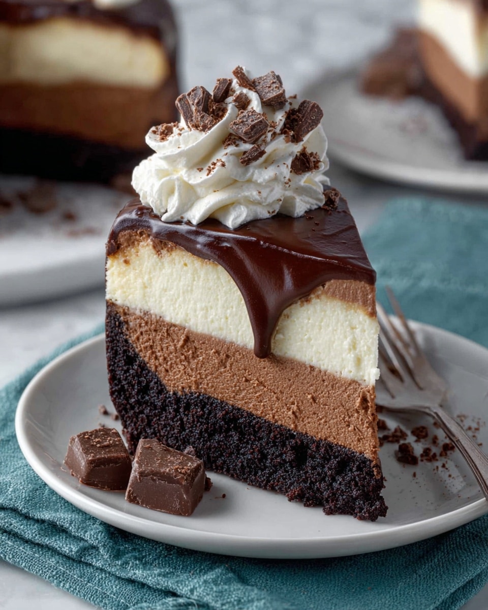 A slice of three-layered cake sits on a white plate over a teal cloth. The bottom layer is dark, almost black chocolate crumb, dense in texture. Above it is a medium brown chocolate mousse layer that looks smooth and creamy. The middle layer is a thick, light cream cheesecake with a soft texture. The top layer is a glossy, dark chocolate ganache, slightly dripping over the sides. A swirl of white whipped cream topped with small chocolate chunks crowns the slice. Small chocolate pieces rest beside the cake on the plate, and a silver fork lies to the right. The background shows another sliced cake on a white plate against a white marbled surface. Photo taken with an iphone --ar 4:5 --v 7