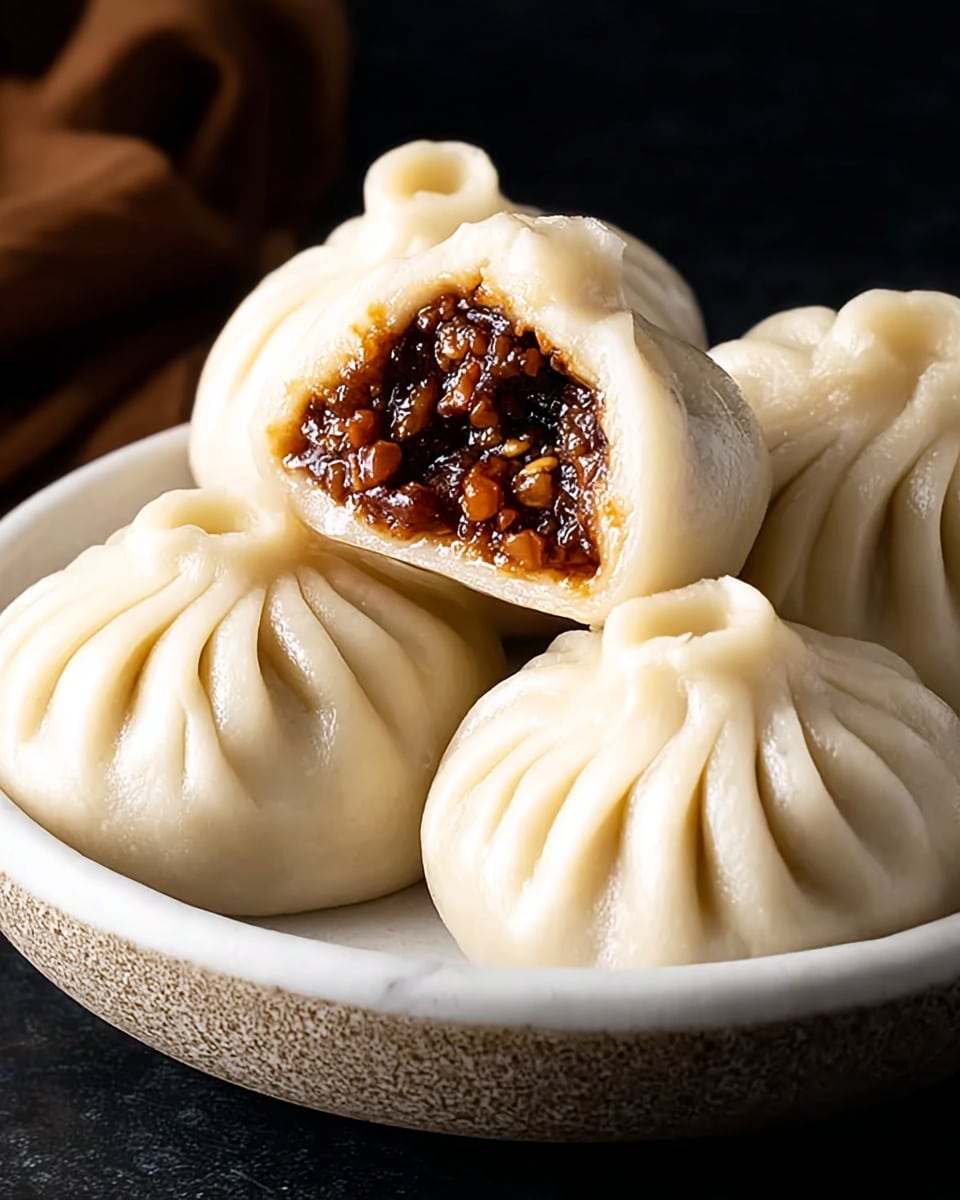A white bowl holds six round dumplings with smooth, soft-looking white dough folded at the top into neat pleats. One dumpling is cut open and resting on top of the others, showing a dark brown, glossy filling inside made of small, chunky pieces with a saucy texture. The dumplings sit on a white marbled surface with a dark background. photo taken with an iphone --ar 4:5 --v 7