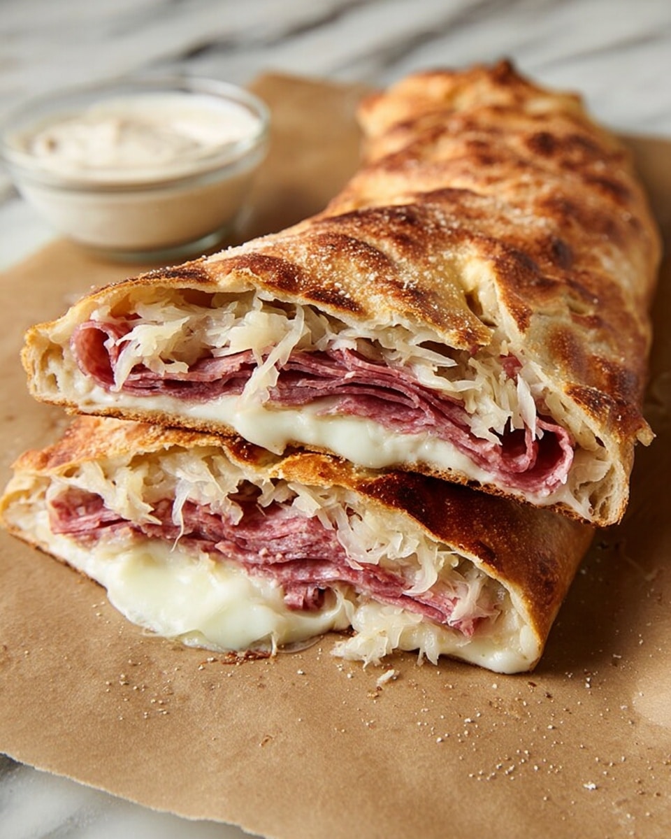 The image shows a long, golden-baked calzone cut open to reveal three main layers inside. The bottom layer is a soft, white melted cheese with a smooth and slightly gooey texture. Above this is a layer of thinly sliced, reddish-pink cured meat folded over many times, creating a thick and dense section. The top layer inside consists of light, shredded sauerkraut with a slightly wet and fibrous texture. The calzone crust is browned and has a slightly rough surface with some darker spots, and the entire scene is on brown parchment paper placed on a white marbled surface. A small white bowl with creamy dip is visible in the background. photo taken with an iphone --ar 4:5 --v 7