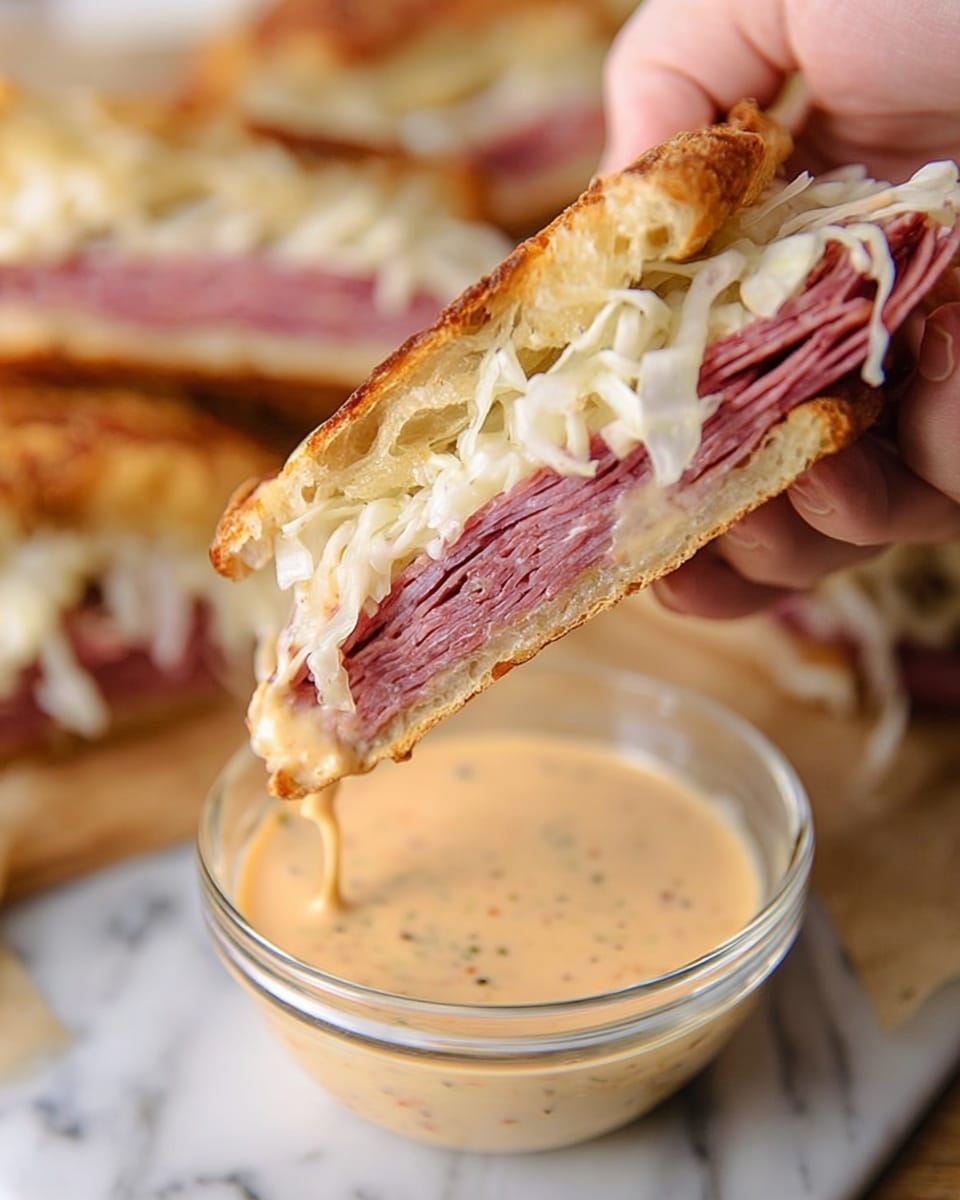 A close-up of a woman's hand holding half of a sandwich piece dipped in a small clear glass bowl filled with creamy, light orange sauce with specks. The sandwich has three visible layers: a thin, golden brown toasted bread on the outside, a middle layer of thinly sliced reddish-pink meat, and a top layer of shredded white cabbage or sauerkraut. More sandwich pieces with the same layers are blurred in the white marbled background, placed behind the bowl. The texture of the bread looks crispy and toasted, while the sauce is smooth and creamy. Photo taken with an iphone --ar 4:5 --v 7