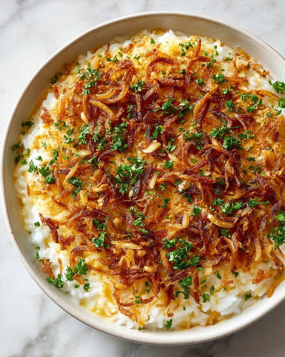 A close-up of a creamy risotto served in a white bowl sitting on a white marbled surface. The risotto has thick, soft, pale yellow rice mixed with tender pieces of chicken, forming the base layer. On top, there is a generous layer of golden-brown crispy fried onions, adding a crunchy texture. Fresh finely chopped green herbs are scattered over the dish, providing a bright color contrast. The whole dish looks rich and creamy with glossy and caramelized textures visible. Photo taken with an iphone --ar 4:5 --v 7