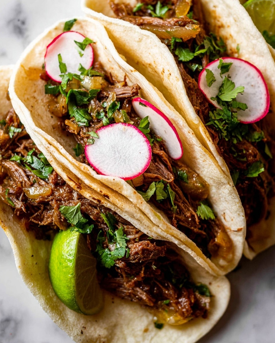 The image shows a close-up of a taco with three layers of soft white tortillas holding the filling inside. The filling consists of shredded brown cooked meat mixed with small pieces of sautéed yellow onions and sprinkled with fresh green cilantro. Thin slices of radish with white centers and reddish edges are placed on top, adding a fresh touch. A wedge of bright green lime is tucked inside the taco near the edge of the tortillas. The background is a white marbled surface. photo taken with an iphone --ar 4:5 --v 7