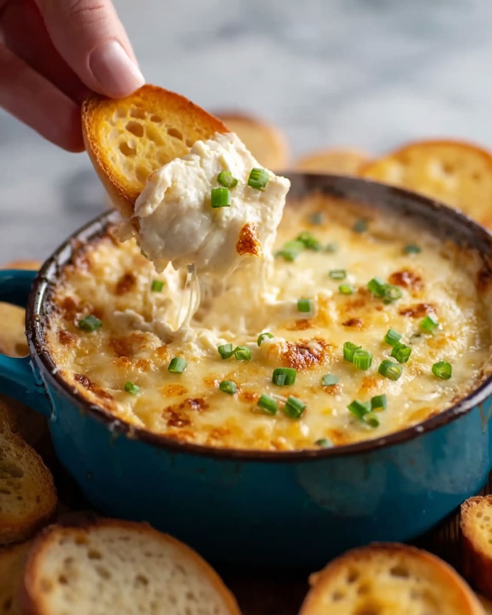 A steaming dish of creamy baked cheese dip is shown in a rustic ceramic bowl with a blue exterior and brown rim. The top layer is golden and bubbly with browned, melted cheese and small green chive pieces sprinkled over it, adding fresh color. Below the surface, the cheese dip is thick and creamy white with a slightly chunky texture. A toasted round bread chip with a lightly browned crust is held by a woman's hand, scooping the dip from the side. The bowl sits on a white marbled surface, with some extra bread chips nearby, ready for dipping. photo taken with an iphone --ar 4:5 --v 7