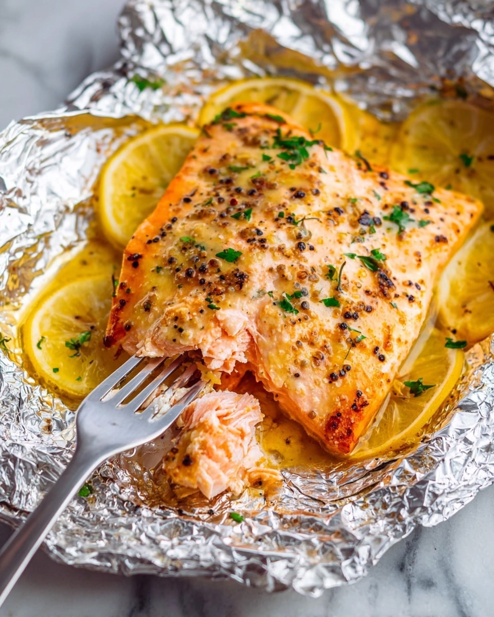 A cooked salmon fillet with a crisp, golden-brown top layer dotted with black pepper and small green herb pieces sits on a bed of yellow lemon slices inside crinkled silver foil. The salmon's inside is a soft pink, flaky texture, visible where a piece is lifted by a silver fork in the bottom left corner. The foil catches some light and reflects it softly around the salmon. The background is a white marbled texture. photo taken with an iphone --ar 4:5 --v 7