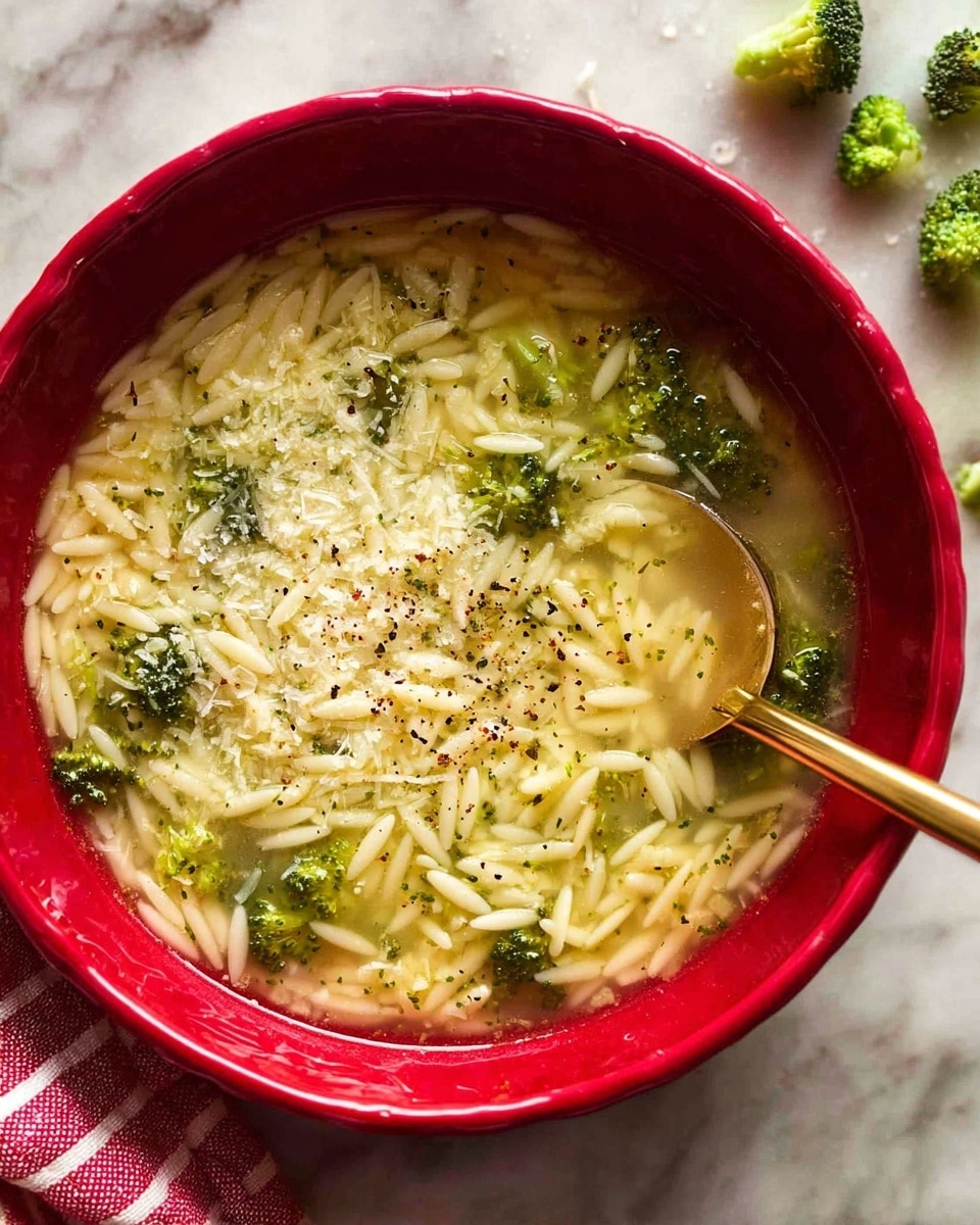 A close-up view of a red bowl filled with light yellow broth, small green broccoli florets, and many small, white orzo pasta pieces floating inside. The soup surface is sprinkled with finely grated white cheese and small black pepper specks. A shiny golden spoon rests inside the bowl on the right side, partially submerged in the soup. Around the bowl, there are a few small broccoli pieces on a white marbled surface, with a red and white striped cloth partially visible on the bottom left. Photo taken with an iphone --ar 4:5 --v 7