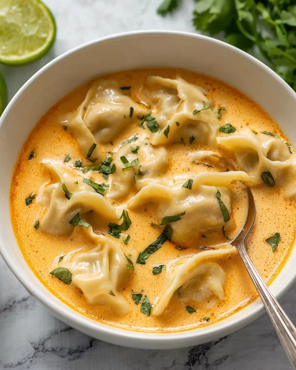 A white bowl filled with light orange creamy soup as the base layer, topped with several pale beige dumplings that have a soft, smooth texture and folded edges, floating gently throughout the soup. Bright green chopped herbs are sprinkled on top of the dumplings and soup, adding a fresh contrast. A silver spoon is partially dipped in the soup on the right side, lifting one dumpling slightly above the surface. The background features a white marbled texture with a blurred green lime half and some green leaves visible behind the bowl. Photo taken with an iphone --ar 4:5 --v 7