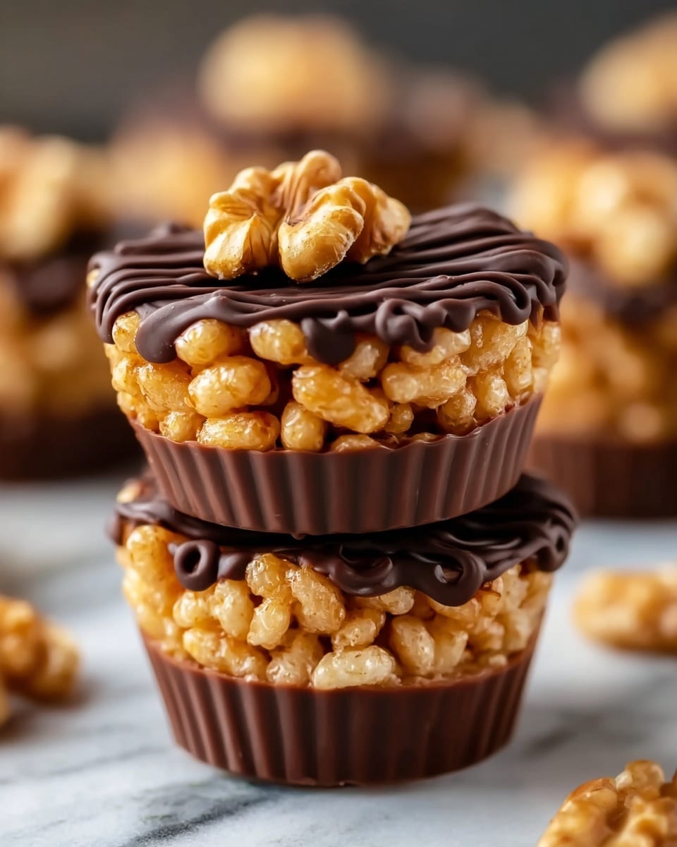 This image shows two small cupcake-shaped treats stacked on top of each other on a white marbled surface. Each treat has three layers: the bottom layer is a thick, smooth dark chocolate base shaped like a cupcake liner, the middle layer is a golden, shiny puffed cereal that looks crispy and light, and the top layer is a glossy dark chocolate with wavy drizzles. The upper treat is decorated with a half walnut placed in the center. In the background, there are more treats slightly out of focus, and a few scattered walnut pieces on the surface. photo taken with an iphone --ar 4:5 --v 7