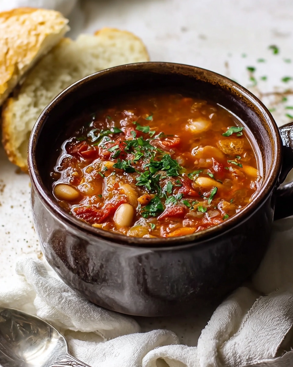 A dark brown ceramic mug filled with thick chunky soup that has a rich reddish-brown broth, visible white beans, small pieces of red tomato, and garnished with finely chopped green herbs on top. The mug sits on a crumpled off-white cloth with a torn piece of light beige bread resting beside it. The background shows a white marbled texture surface. photo taken with an iphone --ar 4:5 --v 7
