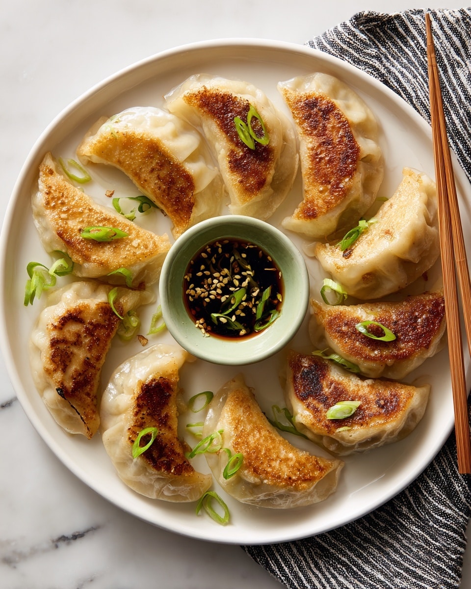 A white round plate shows eight pan-fried dumplings arranged in a circle, each with a golden-brown crispy bottom and a steamed dough top that is light beige in color. Each dumpling is garnished with a small green sliced scallion on top. In the center of the plate is a small pale green bowl filled with dark soy sauce mixed with sliced scallions and sprinkled sesame seeds. The plate is on a white marbled surface with a black and white striped cloth folded underneath part of the plate. Wooden chopsticks rest diagonally on the right side of the plate. photo taken with an iphone --ar 4:5 --v 7