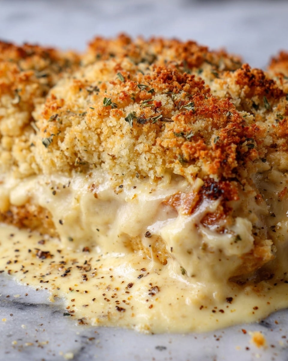 The image shows a close-up of a baked dish with two main layers. The bottom layer is a creamy, pale yellow sauce that is thick and smooth with some slight bubbling at the edges. The top layer is a crunchy, golden-brown breadcrumb topping mixed with herbs that gives a rough and crumbly texture. The layers are close with some melted cheese oozing out slightly from the sides. The dish is on a white marbled textured surface, and the focus is on the front portion of the dish showing the topping’s crispiness and the softness of the sauce underneath, with some black pepper sprinkled for texture and color contrast. photo taken with an iphone --ar 4:5 --v 7