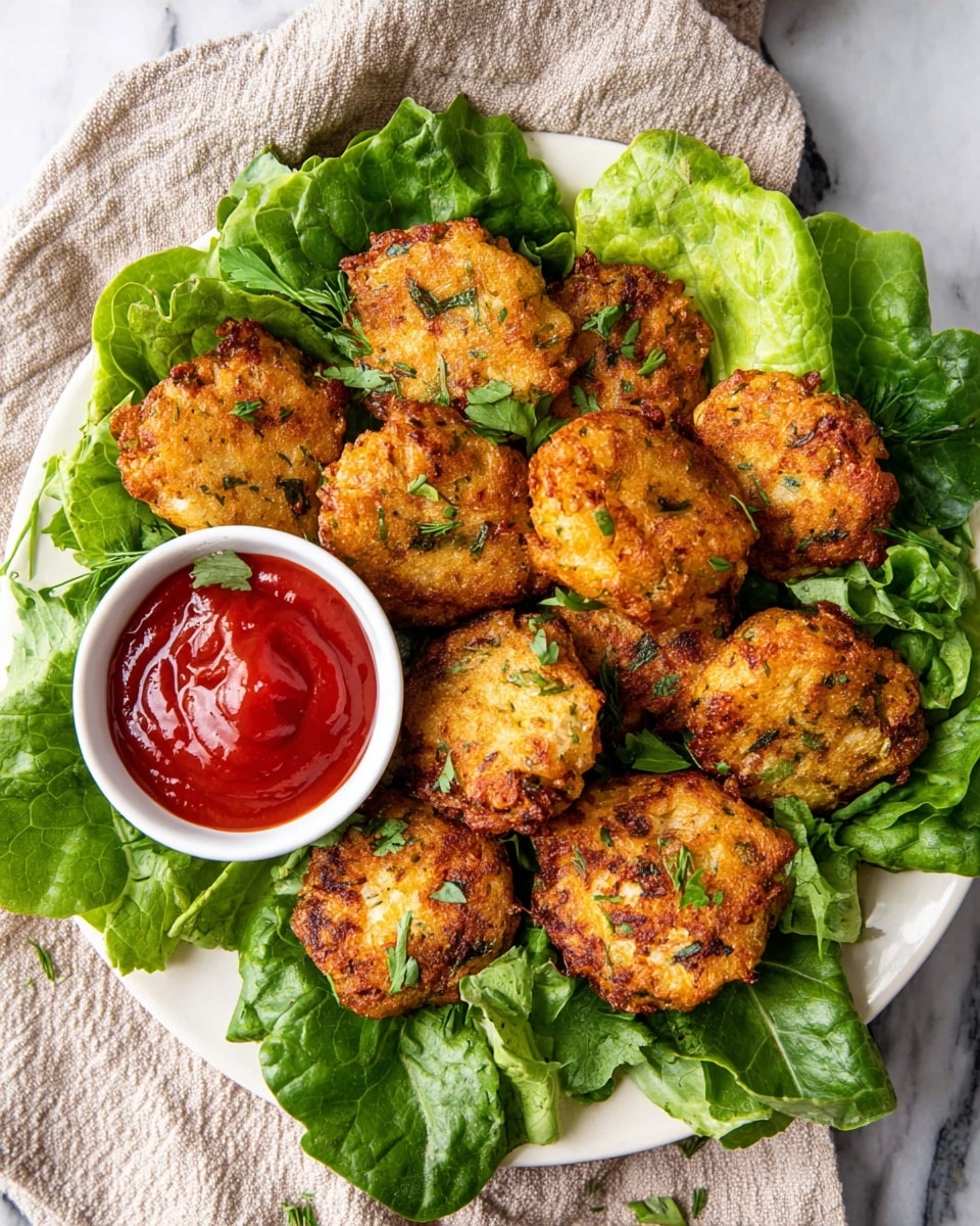 The dish shows several crispy, golden-brown fritters with green herbs visible inside, arranged on a bed of bright green lettuce leaves that fill most of the white plate. To the side, there is a small white bowl filled with smooth, deep red ketchup. The fritters have a crunchy, textured surface with uneven edges, and they are stacked in a somewhat overlapping way, making the dish look full and inviting. The plate sits on a white marbled surface with a light beige cloth partially visible at the edge. photo taken with an iphone --ar 4:5 --v 7