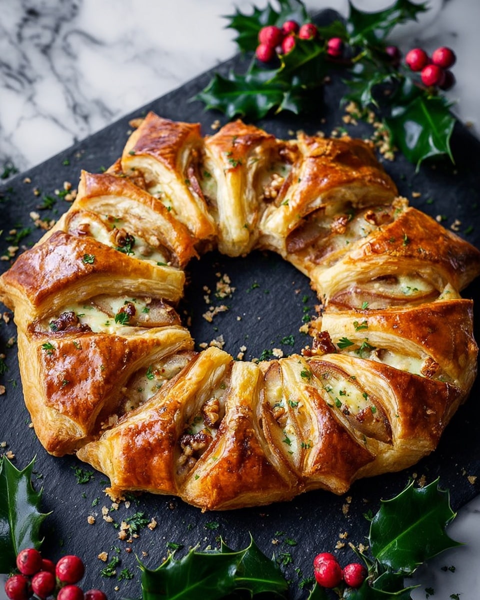 The image shows a golden-brown puff pastry tart shaped like a wreath with a hollow center. The tart has a shiny, flaky crust that is folded into pointed sections around the edges. Inside each section, there are layers of light brown cooked pear slices, melted cheese with a slightly darker melted color, and chopped nuts sprinkled on top. Small bits of green herbs are scattered across the surface. The tart is placed on a dark slate board, surrounded by green holly leaves and bright red berries, all set on a white marbled surface. photo taken with an iphone --ar 4:5 --v 7