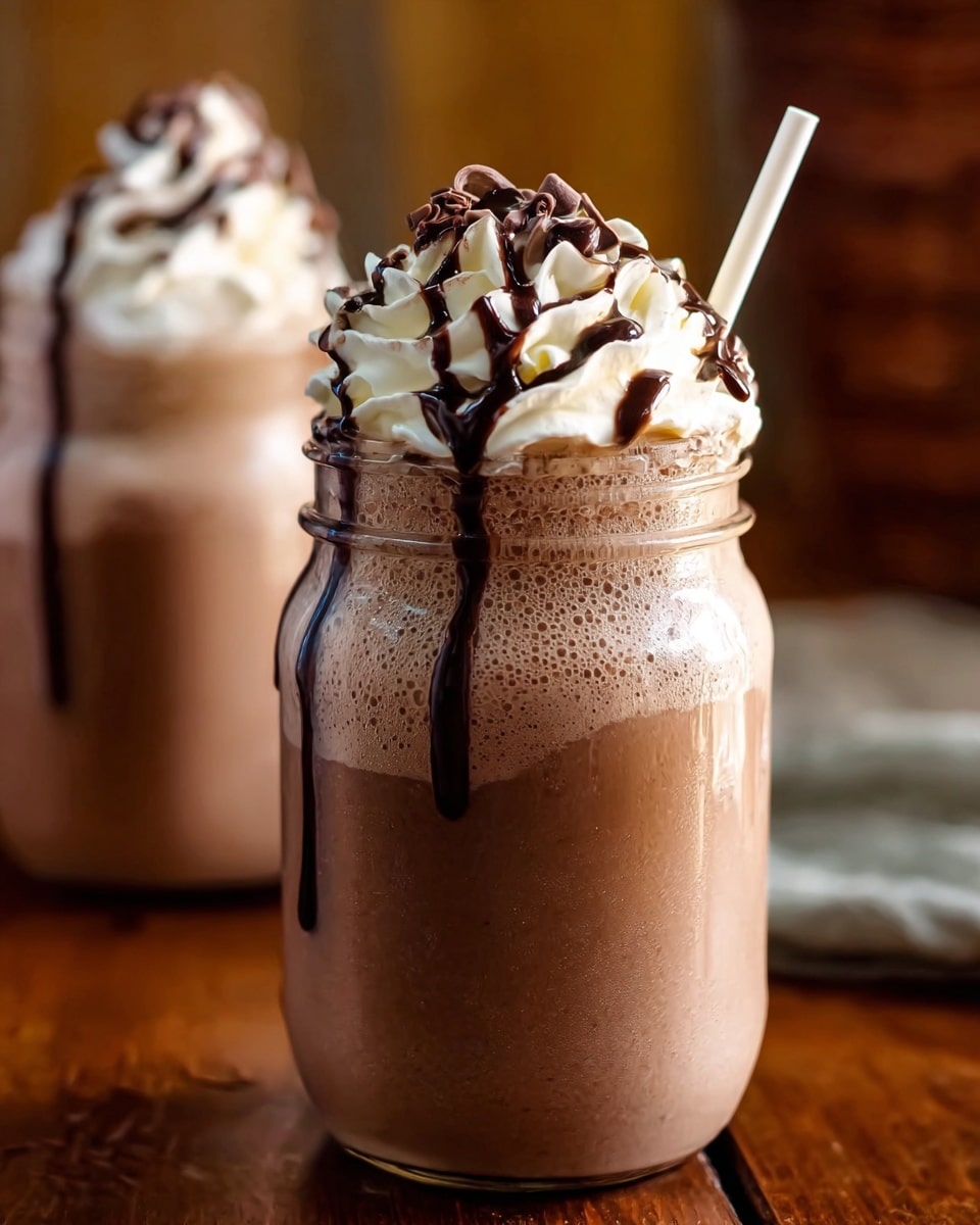 The image shows a glass jar filled with a thick, creamy chocolate milkshake that has a smooth and slightly frothy texture. The milkshake is topped with a large swirl of white whipped cream, which is drizzled with dark chocolate syrup that also runs slightly down the sides of the jar. A white straw is inserted on the right side of the whipped cream. The jar is set on a wooden surface with a second similar milkshake jar blurred in the background. photo taken with an iphone --ar 4:5 --v 7
