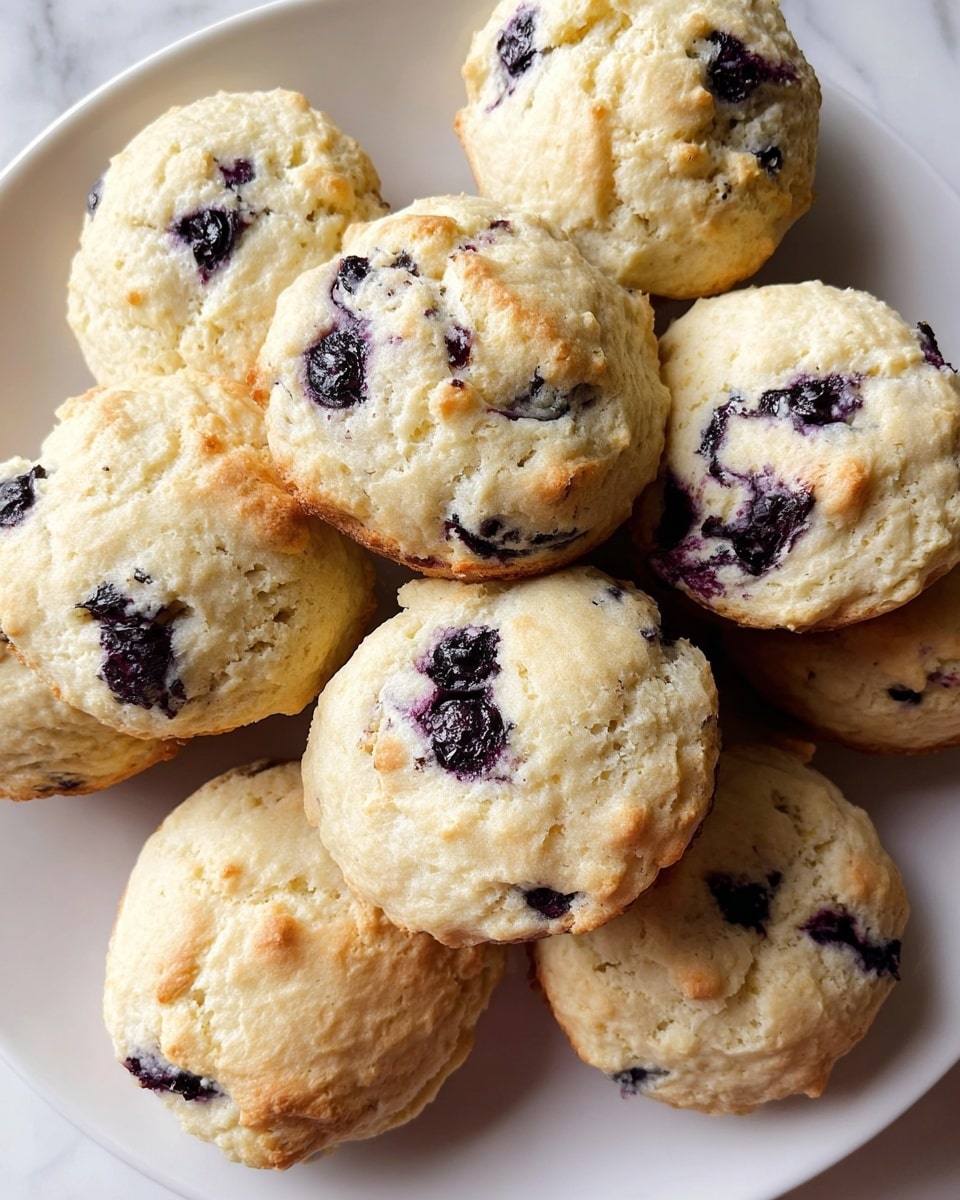 A close-up image of a white plate piled with multiple blueberry muffins. Each muffin is round with a slightly cracked and rough texture on top, showing a pale golden color with darker browned spots. The muffins have visible dark purple blueberry pieces scattered throughout, contrasting with the light beige muffin dough. The surface beneath the plate is a white marbled texture, adding subtle elegance to the scene. photo taken with an iphone --ar 4:5 --v 7
