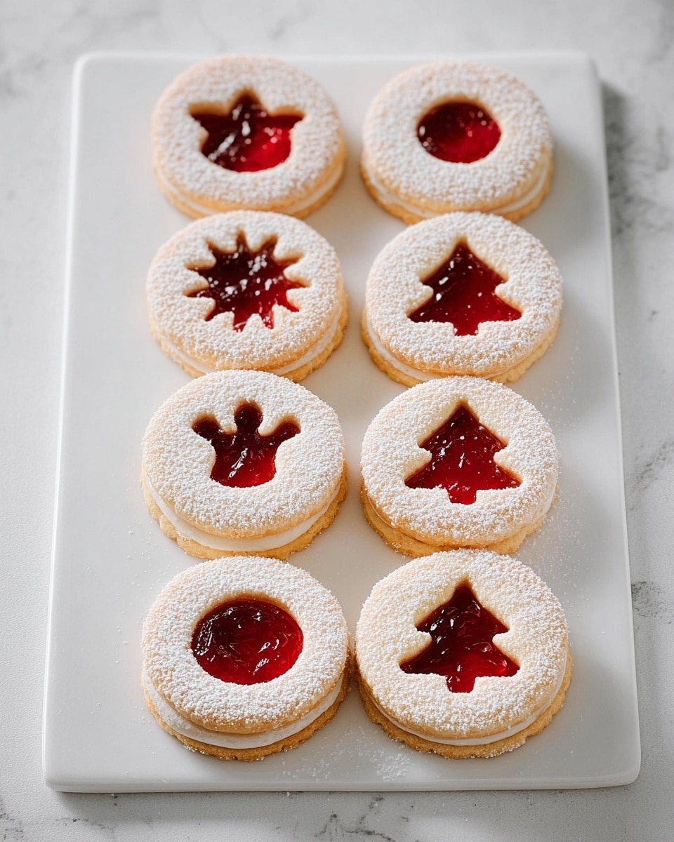 Eight round sandwich cookies are arranged in two neat vertical columns on a white rectangular plate with a white marbled texture underneath. Each cookie has two layers: a base layer of golden-brown cookie and a top layer of cookie dusted with powdered sugar, with a cut-out shape in the center showing bright red jam filling. The cut-out shapes include circles, Christmas trees, scalloped circles, and a mitten. The powdered sugar dusting gives a soft white contrast to the golden cookie and vibrant red jam centers. photo taken with an iphone --ar 4:5 --v 7