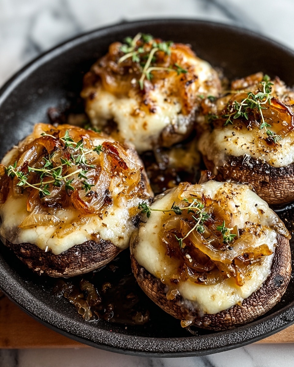 Four stuffed mushrooms sit in a black pan, each with three visible layers: the base is a thick, dark brown mushroom cap; on top of that is a creamy, melted cheese layer that spills slightly over the edges; the top layer is caramelized onions that are golden brown and slightly charred, with small green herb sprigs sprinkled over all. The cheese layer is smooth but with some texture, and the caramelized onions glisten with a sticky glaze. The pan rests on a white marbled surface. Photo taken with an iphone --ar 4:5 --v 7
