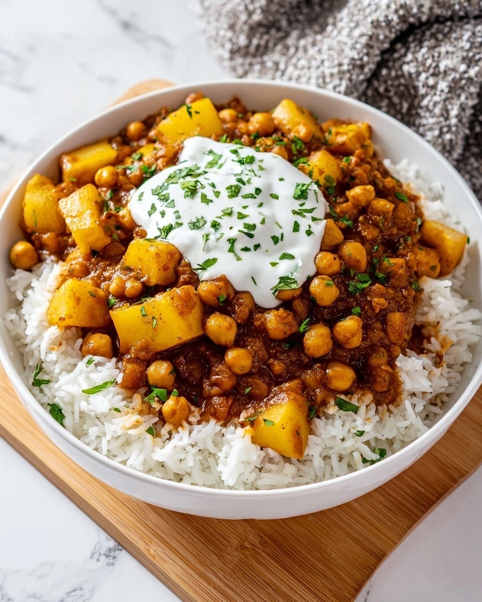 A white bowl is filled with a layer of fluffy white rice at the bottom, topped with a thick stew made of brown sauce, chickpeas, and yellow potato chunks mixed with finely chopped green herbs. A dollop of white creamy sauce garnished with small green herb pieces sits on top of the stew. The bowl is placed on a wooden board over a white marbled surface, with a textured gray cloth in the background. Photo taken with an iphone --ar 4:5 --v 7