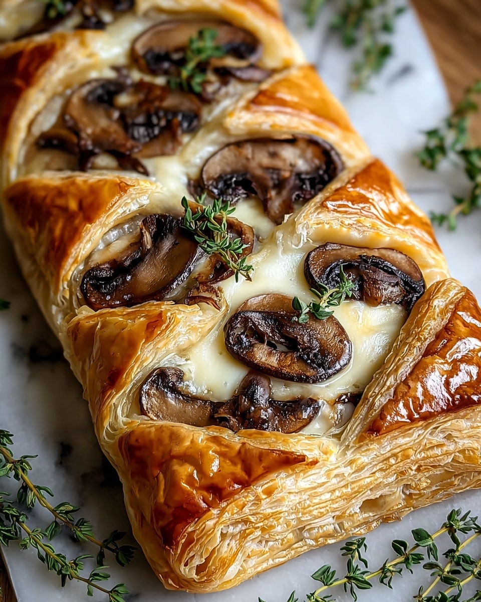 A close-up view of a golden-brown puff pastry shaped with multiple diagonal layers creating openings along the top. Each opening reveals a filling of creamy melted cheese topped with browned cooked mushroom slices. The pastry’s surface shows a shiny, flaky texture from the baked layers, with fresh green thyme sprigs placed on top and around the pastry on a white marbled surface. The puff pastry has a warm, rich color contrasting with the light cream and dark brown mushrooms, showing layers of crisp bread on the edges. Photo taken with an iphone --ar 4:5 --v 7