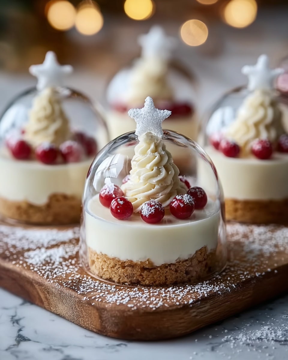 The image shows small round desserts with three clear layers, each topped with a clear dome. The bottom layer is a crumbly golden brown crust. The middle layer is smooth, creamy white filling. The top layer is a swirl of white cream decorated with small red spherical candies arranged to look like a Christmas tree, finished with a powdery white star at the very top. The treats are placed on a wooden board sprinkled with white powdered sugar, all set on a white marbled surface with soft warm lights blurred in the background. photo taken with an iphone --ar 4:5 --v 7