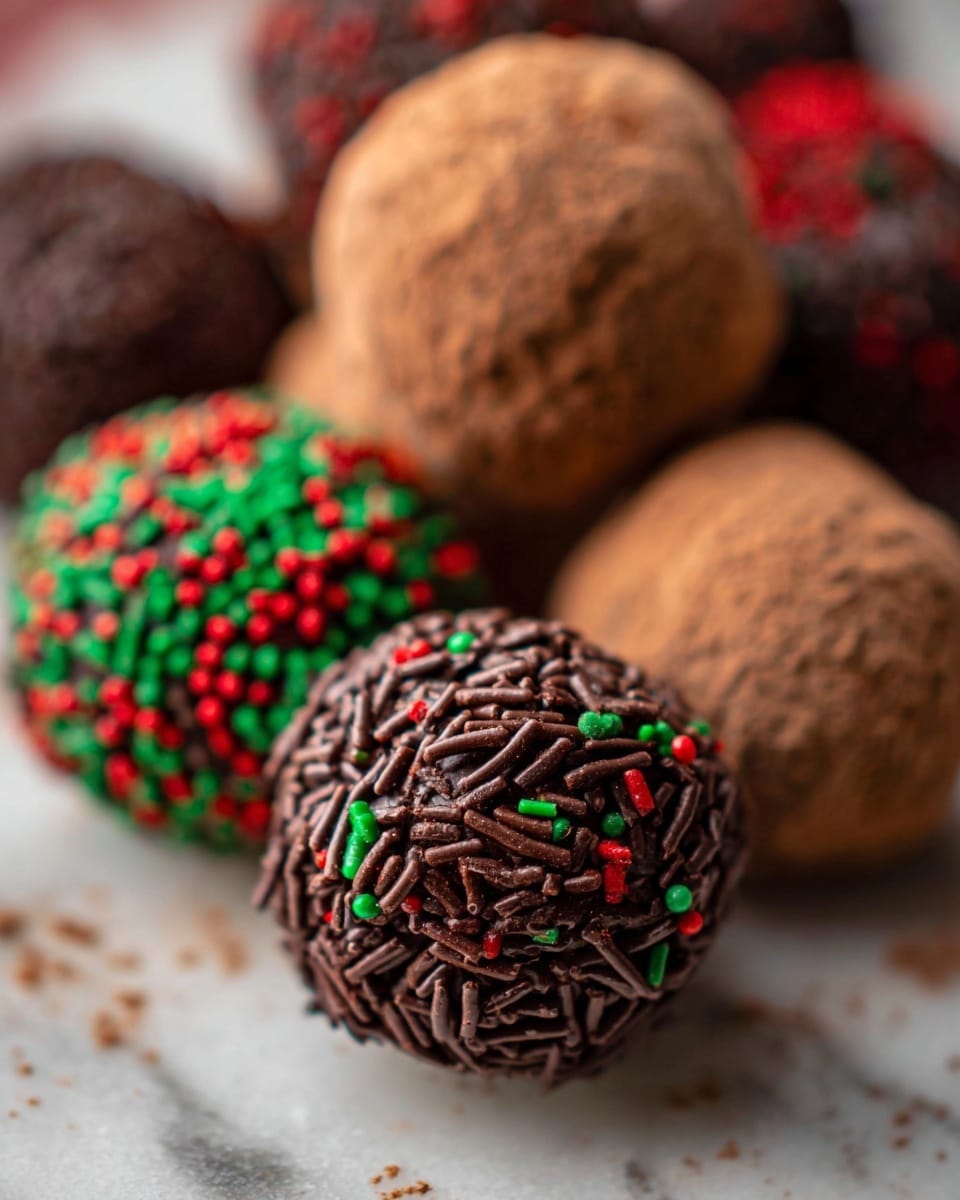 A close-up of several round chocolate truffles on a white marbled surface, with one truffle in the front covered in dark brown chocolate sprinkles mixed with tiny red and green sugar balls, giving it a festive look. Behind it, there are truffles covered in all dark brown chocolate sprinkles and one more in the back coated in a light brown powder, all piled together, showing a variety of textures from smooth to crunchy. The focus is tight on the front truffle, making the details of the sprinkles and sugar balls clear while the others are softly blurred. The colors are rich dark brown, with pops of red and green, and warm light highlights. photo taken with an iphone --ar 4:5 --v 7
